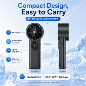 Compact Handheld High Velocity Personal Cooling Fan Smart LED Screen Power Indicator 3600mAh Battery Car Household Travel