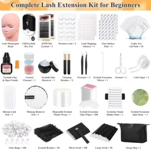Complete Handmade Eyelash Extension Kit for Beginners Black Cotton Stalk 0.07MM Thickness Mannequin Head USB Fan Glue