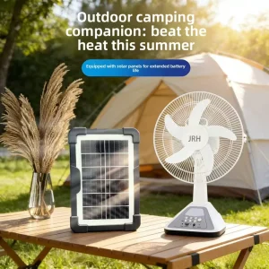 Cross border Solarfan 16inch Table Fan 5 Blades Timer Light Remote Control Large Airflow Quiet Operation Long Battery Life
