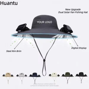 Custom Summer Sun Protection Upgrade Dual Solar Fans Digital Display 1000MA Long Battery Life Cooling Hiking Fishing