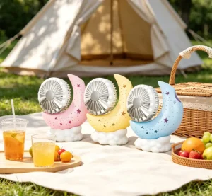 Cute Cartoon Moon Boat Handheld Rechargeable Battery Low Noise Mini Portable Fan 2-Speed Type-C Interface Wearable