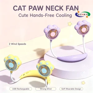 Cute Cat Paw Hanging Neck Fan Rechargeable USB Brushless Motor Low Noise Mini Portable Hands-Free Summer Outdoor Sport Travel