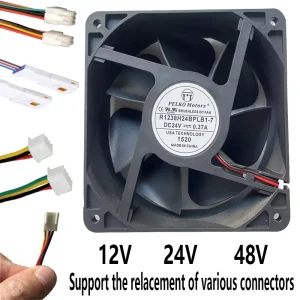 DC Axial Brushless Fan 120x120x38mm R1238H24BPLB1 7 24V Cooling 0.37A Double Ball Bearing Plastic Frame Electric Black 2PIN