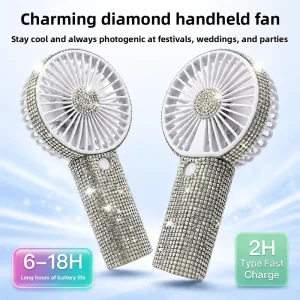 Diamond-Encrusted Plastic Wearable Mini Fan USB Charging Three-Speed Wind Settings Brushless Motor 3-6 Hours Runtime