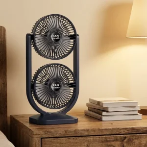 Dual Head USB Table Tabletop Fan Phone Holder 36dBA Quiet Operation Wall Mountable Stand Alone Built in Battery Large Capacity