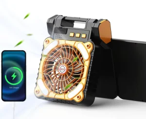 Dual Panel Solar Camping Fan Rechargeable Solar Fan with LED Light 5 Speeds USB C Portable Battery Fan for Outdoor Tent