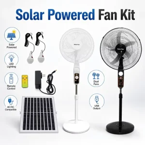 Dual Solar Powered Fan Kit Solar Panel LED Light Remote Control USB Output Rechargeable Portable Stand Fan for Home Outdoor