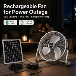 E ZONE Rechargeable Solar Fan for Power Outage Emergency Use with USB Charging and Solar Panel 25W ABS Metal Construction