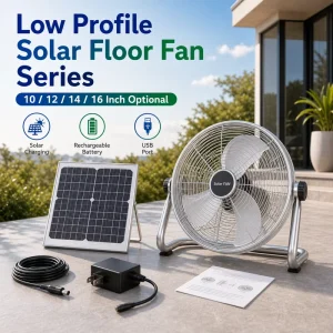 E ZONE Solar Rechargeable Low Profile Floor Fan 10 12 14 16 Inch with Solar Panel and USB Charging 25W ABS Metal