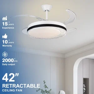 Easy Install Modern Indoor Home Decor 42 Inch ABS 4 Blade Retractable Invisible Led Ceiling Fan Light with Remote Control