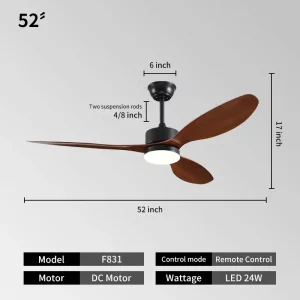 Electric LED Ceiling Fans with Remote Control BLDC Motor Reversible Dimmable 6 Speed 52 Inch for Hotel & Household Use