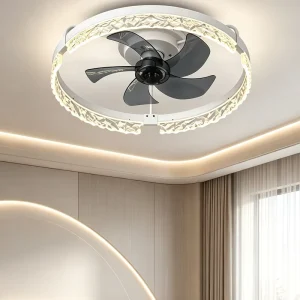 Elegant Crystal Diamond Ceiling Fan with LED Light 14 Inch 5 Blade Silent DC Motor Smart Remote Control Bedroom Dining Room