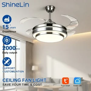 Energy saving Modern Indoor Bathroom 42Inch ABS Blade Retractable Tuya Smart Dimming Led Invisible Ceiling Fan Light with Remote