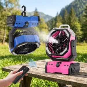 Exclusive Summer Smart Portable Outdoor Fan Auto Rotation 90 Degree Misting Fan Led Night Light Rechargeable Fan
