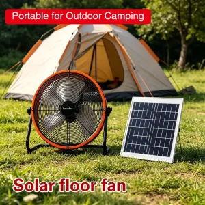 FS 828 16 inch Brushless Solar Floor Fan 25W High Power Cylindrical Plastic Design Ideal for Factories & Workshops