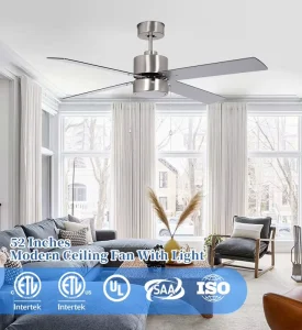 Factory Direct 52 Inch Brushed Nickel LED Ceiling Fan with 4 Silver Blades and Pull Chain Control Decorative for Household Use