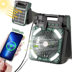 Factory Direct 5200mAh Rechargeable Solar Powered Portable Table Camping Fan with LED Lights Big Solar Panel Outdoor Tent Fan