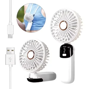 Factory USB Powered Car Outdoor Use Foldable Mini Fan LED Display Rechargeable Battery English Operation Wearable