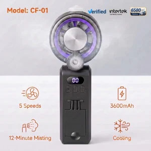 Foldable Neck Fan with Ice Cooling Plate Mist Personal Fan 5-Speed LED Display 3600mAh USB Rechargeable Hands-Free Misting Fan