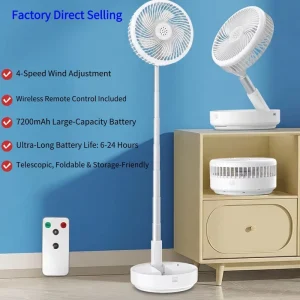 Foldable Portable Fan with 7200mAh Battery 6 24H Runtime 4 Speed Remote Control Desk & Floor 2 in 1 Outdoor & Car Use