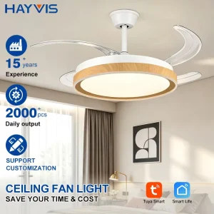 Good Quality Modern Minimalist Style Indoor Home Decor 42 Inch 4 Blades Retractable Smart Tuya Invisible Led Ceiling Fan Light
