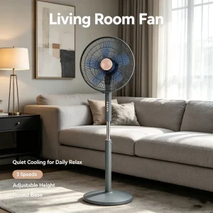 Grey Rose Gold Accent Standing Fan Height Adjustable 5 Blades Timing Control Quiet Cooling Floor Fan for Home Office Indoor Use