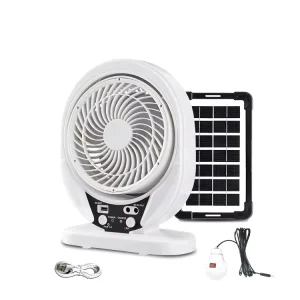HELIOS 10W Solar Panel AC DC Rechargeable Table Fan with 6 8 Inches Air Cooler White Lithium Battery Quiet Breeze Long Lifespan