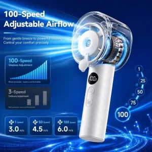 Handheld Mini Fan Portable 100 Speeds Mist Spray USB Charging Battery Operated Humidify Office Camping RV Car Outdoor Use
