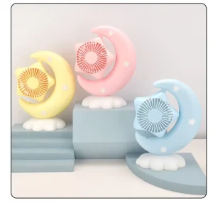Handheld Mini Fan Rechargeable Battery Low Noise Cute Cartoon Moon Design Big Wind Luminous Plastic Crescent Desktop Fan