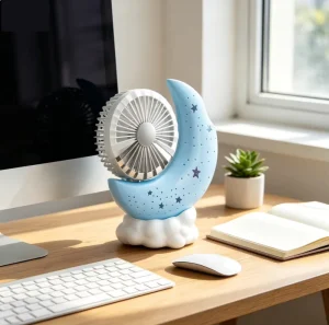 Handheld Mini Fan Rechargeable Battery Low Noise Cute Cartoon Moon Design Big Wind Luminous Plastic Crescent Desktop Wearable