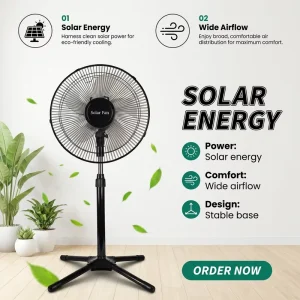 Heavy Duty Solar Rechargeable Stand Fan Stable Four Feet Support Adjustable Height Powerful Airflow Energy Saving Cooling Fan
