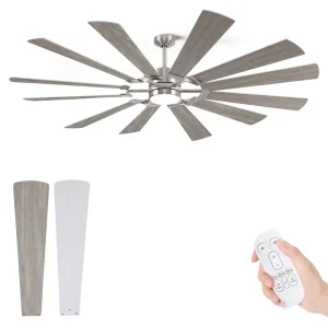 High Airflow 62 in Brushed Nickel Weathered Oak Ceiling Fan with Light 12 Dual-Finish Blades Remote Modern Farmhouse DC Motor
