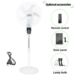 High Efficiency 16Inch Rechargeable Solar Pedestal Fan Bluetooth FM Radio SMD Night Light 5AH Battery AC DC 0.5H Timer USB