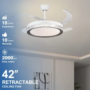 High Performance Customizable Modern Indoor Home 42 Inch ABS 4 Blades Retractable Remote Control Led Invisible Ceiling Fan Light