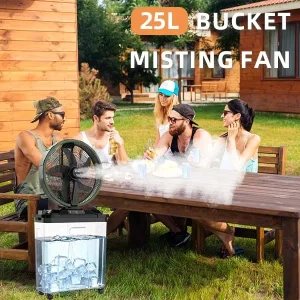 High Power 18″ Rechargeable Mist Fan with 4.4Ah Battery 3 Speed Oscillating Fan with 26L Water Tank and USB Output for Outdoor