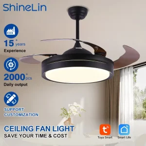 High Quality Modern Indoor Living Room 42Inch ABS Blade Retractable Dimmable Support Tuya Smart Led Ceiling Fan Light and Remote
