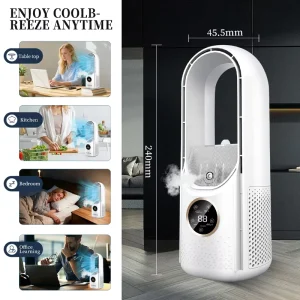 High-Speed Bladeless Plastic Fan 7.9m/s Wind Desktop Air Cooler Rechargeable Humidifying with LED Display for Office & Car