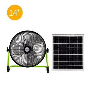 Hot Selling Brushless Motor 14 Inch Portable Aluminum Solar Powered Battery Fan with USB Charging for Home & Outdoor Camping