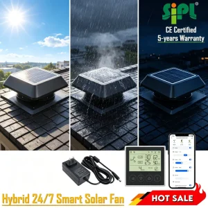 Hybrid 24 7 Smart Solar Roof Vent Fan 14 Inch IP68 Waterproof Attic Exhaust Fan with AC Power Adapter for Residential Home Use
