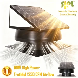 IP68 Waterproof 60W Solar Attic Fan 14″ Roof Exhaust Fan Industrial Rated with Brushless DC Motor for Factory Home Ventilation