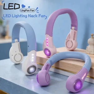 Illuminated Wearable Neck Fan 3 Speed Rechargeable Foldable Hands Free Cooling for Festivals & Camping