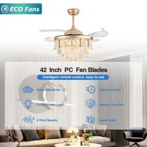 Indoor Decorative Crystal Ceiling Fan with Light 42 Inch Modern Remote Control Low Noise Fan