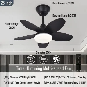 Industrial Matte Black LED Ceiling Fan with Light and Remote Control 5-Blade Silent Motor Ceiling Fan Lamp for Modern Bedroom