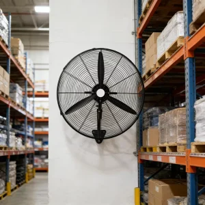 Industrial Wall Mounted Fan 30 Inch 280W DC Motor 3 Speed Metal Construction Class Energy Efficiency Mechanical Control