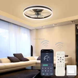 Intelligent Remote Control LED Ceiling Fan Light, Low Profile Flush Mount, Circular, Three Color LED, 6 Wind Speeds