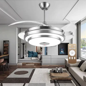 Invisible 36 42 48 Inch Retractable Smart LED Decorative DC Ceiling Mount Fan Lamp with White Remote Control featuring DC motor