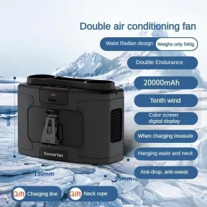 K60 Double Air Outlet Waist Fan With 10000mAh Power Bank 10 Speed Real time Battery Percentage Display Outdoor Wearable Cool Fan