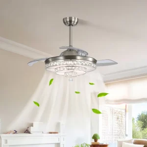 KBS 42 Inch Crystal Ceiling Fan Dimmable Led Ceiling Fan Retractable White Ceiling Fan with Light and Remote Control