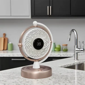 LAMJIE Rechargeable Battery Mechanical Automatic Ventilation Fan 3 Speed LED Light Plastic Swiveling Tabletop Outdoor Car Use