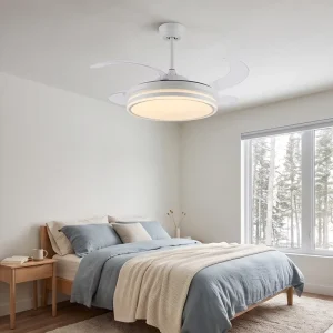 LED Ceiling Fan with Light Dimmable White Invisible Retractable Blades Silent Ceiling Fan Lamp for Bedroom Living Room
